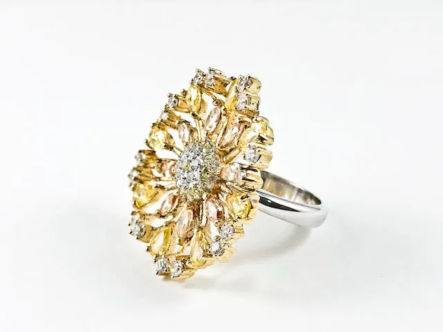 Beautiful Round Open Works Colorful Design Pattern CZ Silver Ring