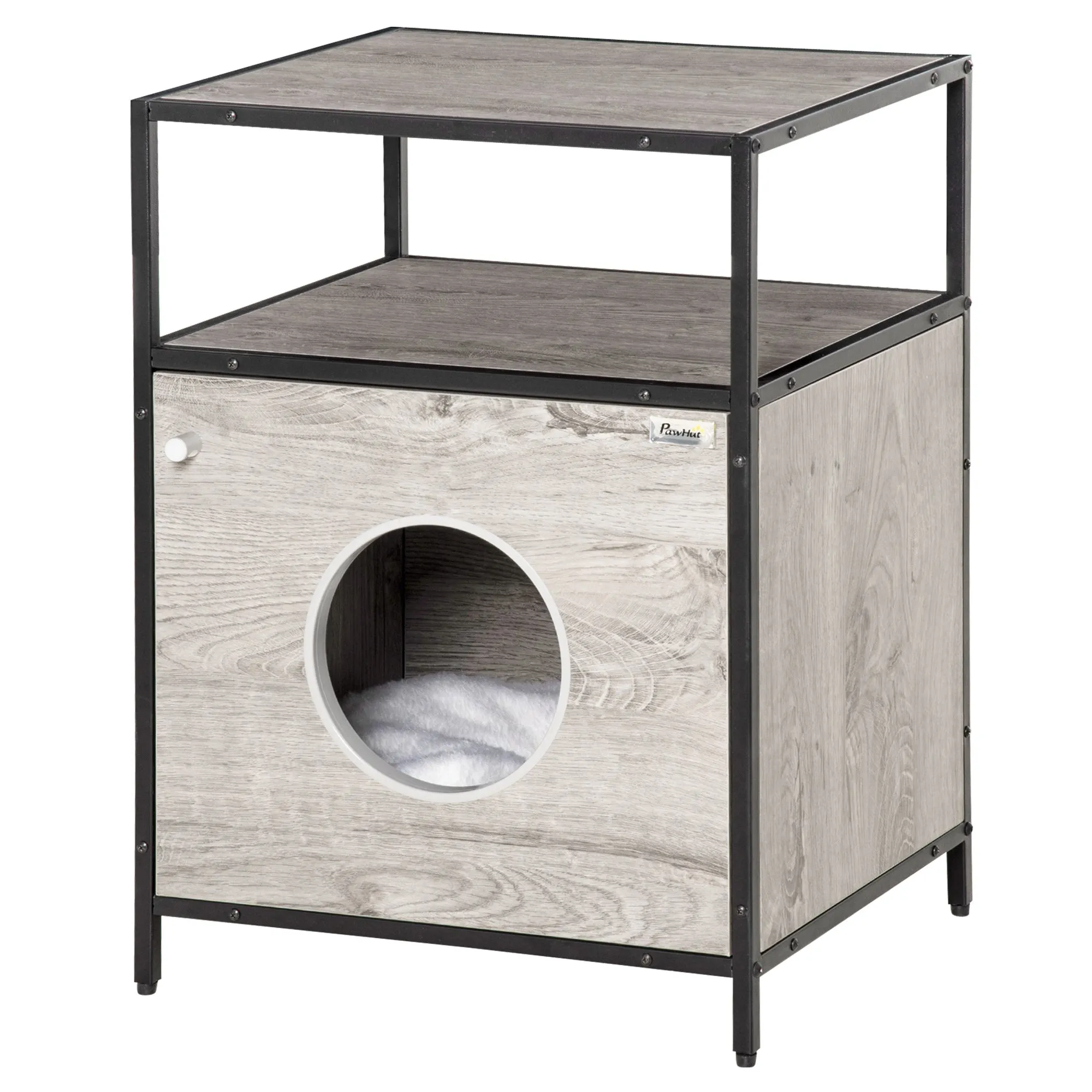 Easycomfort Casetta per Gatti Mobiletto Multiuso con Cuscino Lavabile in Acciaio e Legno, 48x40x65.5cm, Grigio