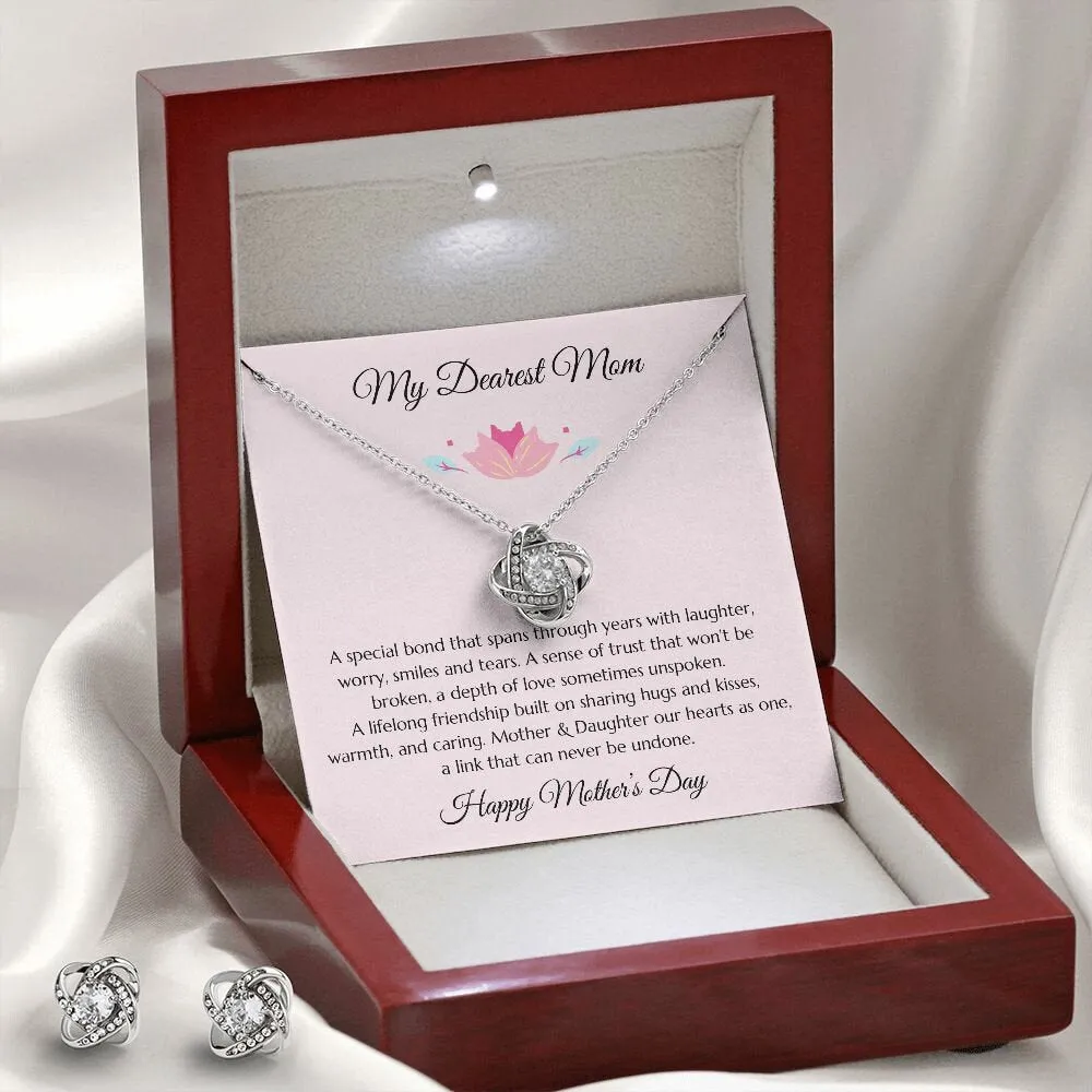 Mother’s Day Gift, Mom Gift from Daughter, Mother Gift, Mom Gold Heart Necklace and Earrings Set, Mom Poem, Gold Love Knot Necklace, Daughter Gift to Mom