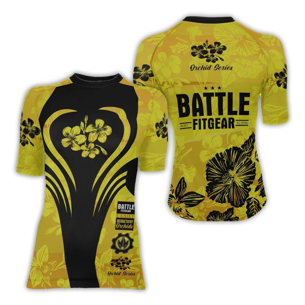 Orchid Series Floral Yellow Heart Pattern Women's Short Sleeve Rash Guard