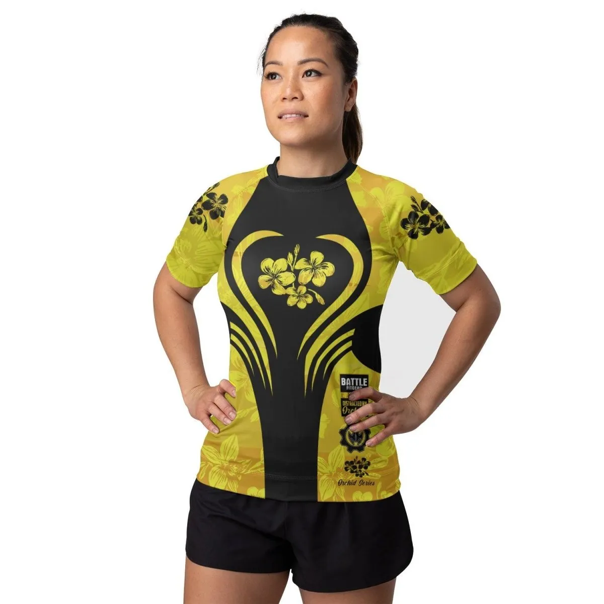 Orchid Series Floral Yellow Heart Pattern Women's Short Sleeve Rash Guard