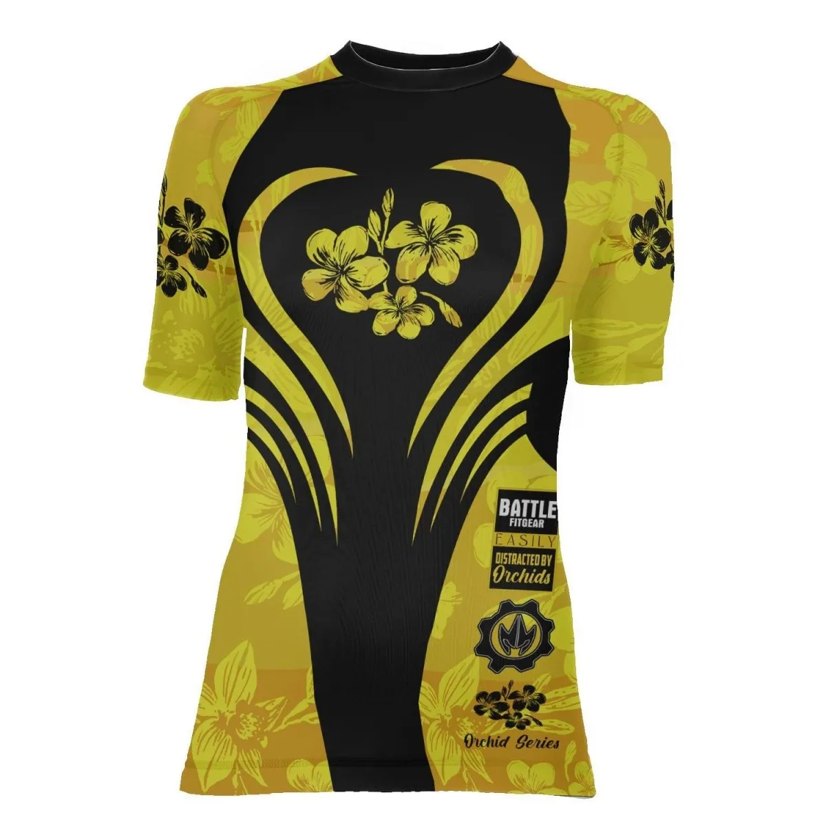 Orchid Series Floral Yellow Heart Pattern Women's Short Sleeve Rash Guard