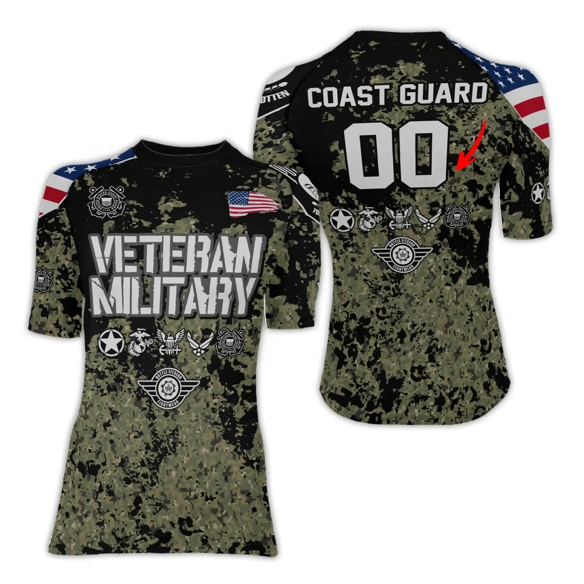 Personalized Veteran Coast Guard Camouflage Women's Short Sleeve Rash Guard