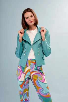 Solid Vegan Leather Jacket with Button Trim and Faux Pockets
